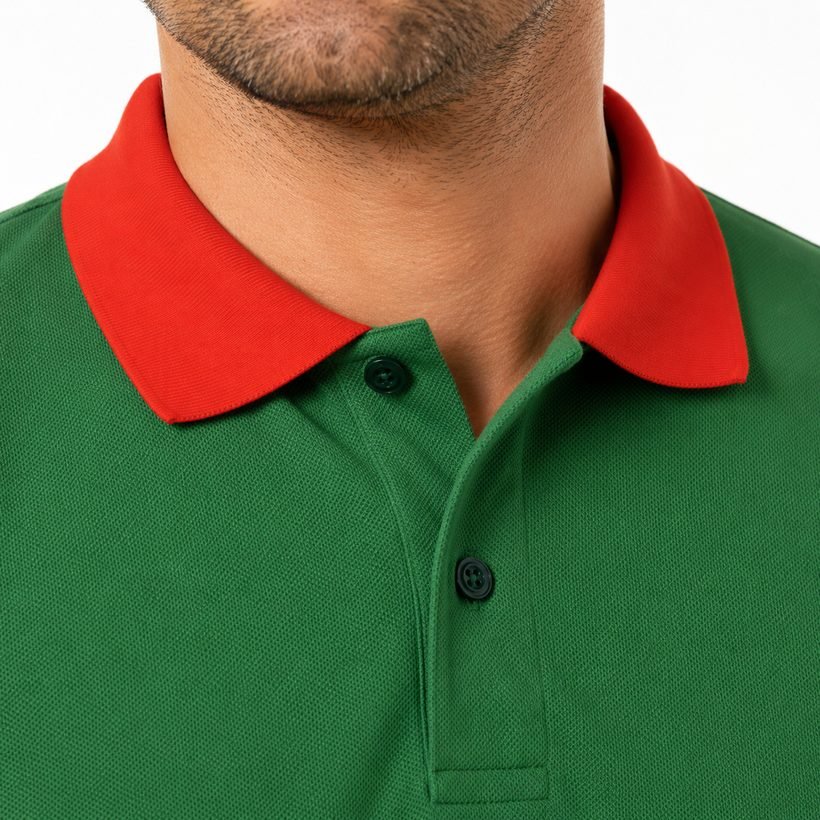 Detalhe da gola e do botão perolado da Super Polo